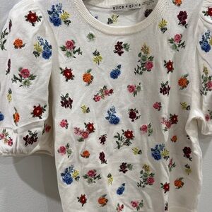 Alice + Olivia Sweater top with Multicolor Floral Embroidery